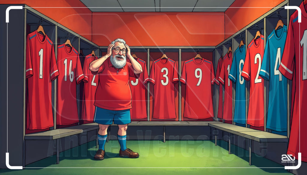 Vestiaire de football amateur avec maillots numérotés accrochés